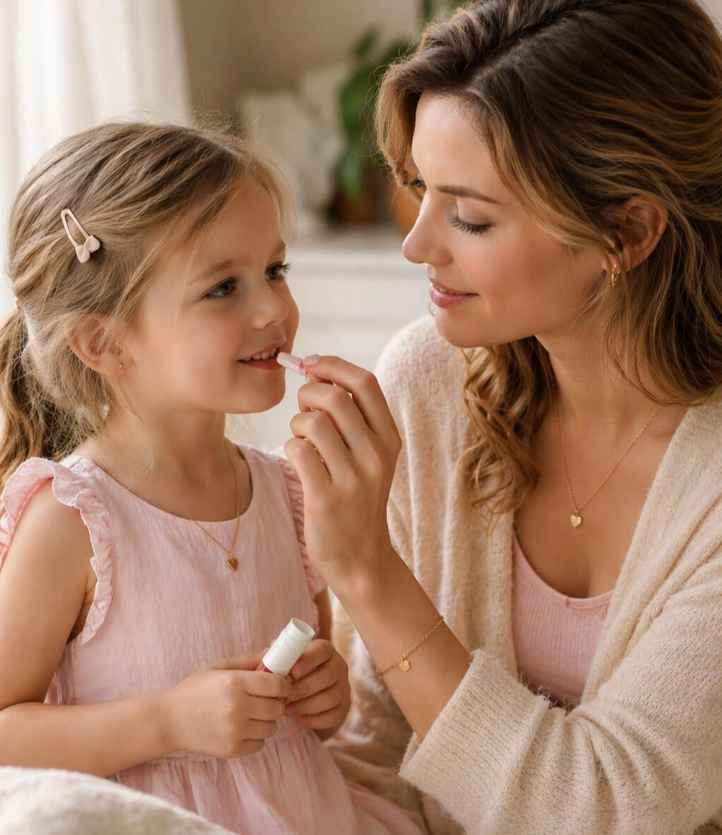 mom and daughter gentle makeup moment mother applying lip balm to daughter gentle safe makeup for kids bonding moment